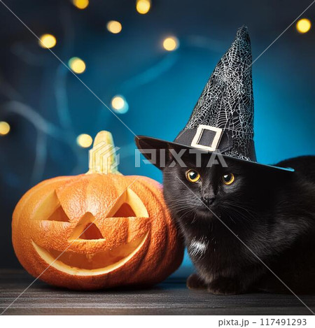 ハロウィーンのカボチャと黒猫と魔女の帽子のイラスト素材 [117491293