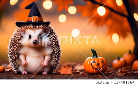 ハリネズミとハロウィーンとコピースペース 117491564