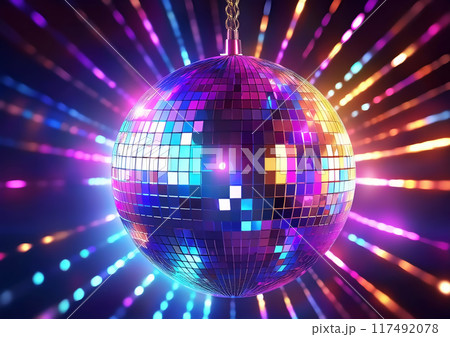 光り輝くミラーボールとカラフルな光線 光り輝くミラーボールとカラフルな光線 117492078