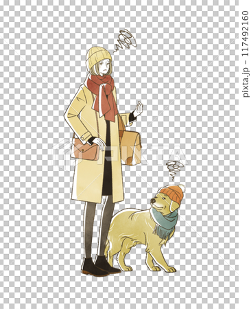 A woman with a troubled expression and her dog traveling in winter A woman with a troubled expression and her dog traveling in winter 117492160