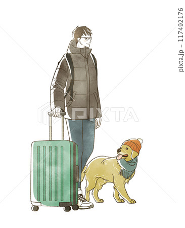 冬に旅行をすると男性と犬 117492176