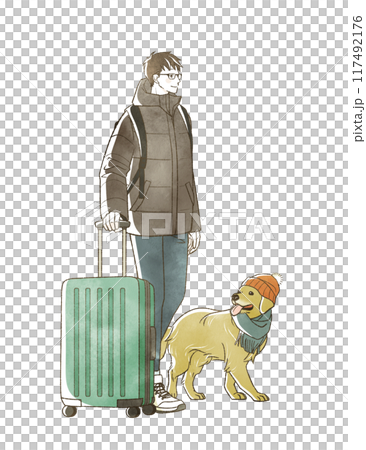 冬に旅行をすると男性と犬 117492176