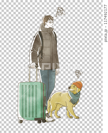 A troubled man and his dog traveling in winter 117492177