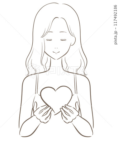 ハート 女の子 線画茶色 前髪なし 117492186