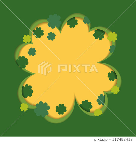 Quatrefoil in Paper cut style with clover leaves various sizes in trendy monochrome green. Copyspace Quatrefoil in Paper cut style with clover leaves various sizes in trendy monochrome green. Copyspace 117492418