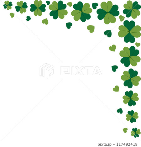 Abstract corner border of clover leaves with 4 petals and decorative hearts in trendy green Isolated 117492419