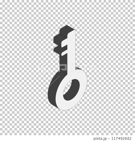 モノクロの鍵アイコン。アイソメトリック 図法2、右面法。主線のあるイラスト。 モノクロの鍵アイコン。アイソメトリック 図法2、右面法。主線のあるイラスト。 117492682