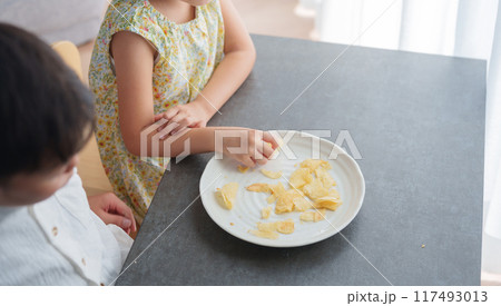 お菓子のポテトチップスを食べる子供 お菓子のポテトチップスを食べる子供 117493013