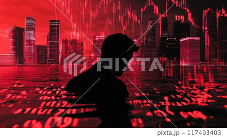 下落する株価チャートに向き合うビジネスマンとコピースペース 下落する株価チャートに向き合うビジネスマンとコピースペース 117493403