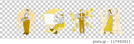 Illustrations of explorers of various professions, masters, adventurers, entrepreneurs, entertainers 117493911