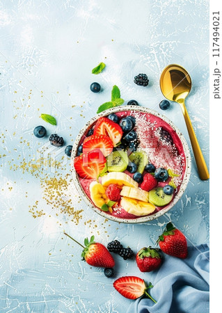 アサイーボウルに盛り付けられた様々な熱帯フルーツとベリー アサイーボウルに盛り付けられた様々な熱帯フルーツとベリー 117494021
