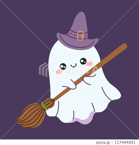 Funny ghost witch with hat and broom flat color illustration 117494091