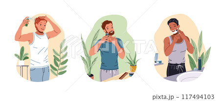 Multiracial guys grooming procedures flat vector icon set 117494103