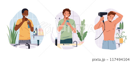 Happy guys everyday beauty procedures flat vector icon set 117494104