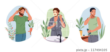 Happy guys everyday beauty procedures flat vector icon set 117494105