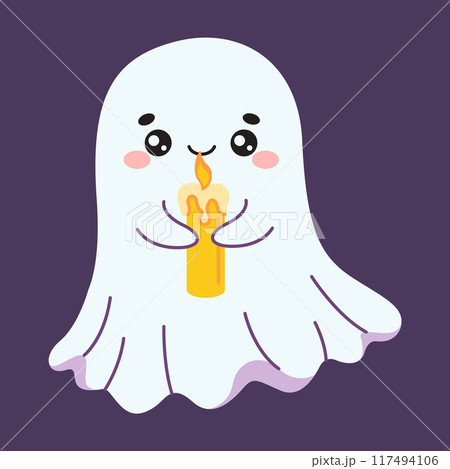 Cute happy ghost holding candle in hands flat vector illustration 117494106