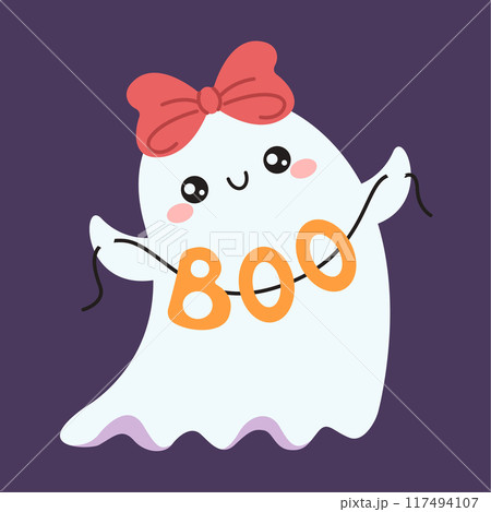 Cute happy ghost showing garland flat vector illustration 117494107