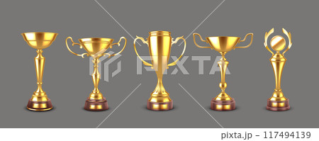Glowing golden winner cups realistic vector illustration set 117494139