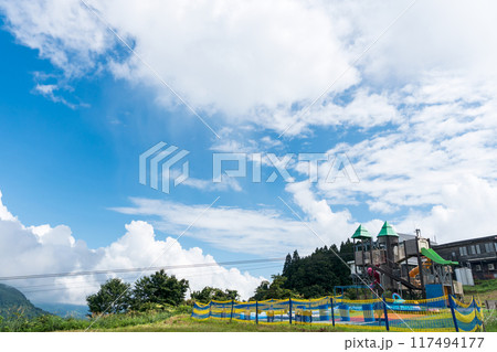 湯沢高原パノラマパークの水遊びエリアとツリーキャッスルを一望　夏晴れの青空　新潟県南魚沼郡湯沢町 117494177