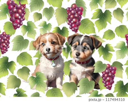 テリアとブドウのシームレスパターン　D-1 117494310