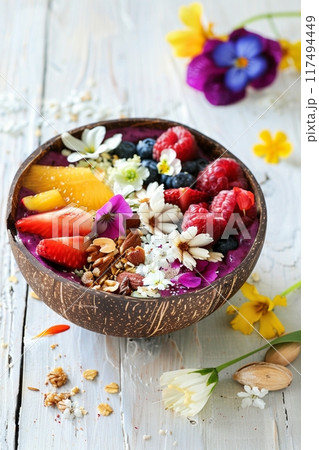 フルーツと食用花のアサイーボウルの縦画像:コピースペース	 フルーツと食用花のアサイーボウルの縦画像:コピースペース	 117494449