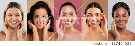 Collage of multiracial women smiling in portrait mode, showcasing different skin tones and natural beauty, panorama 117494527