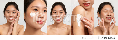 Beautiful half-naked young Asian woman enjoying skin care routine, set of photos on grey studio background, collage 117494853