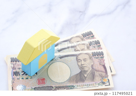 家のミニチュアとお金で、あこがれのマイホームを購入しようとしているイメージ 117495021