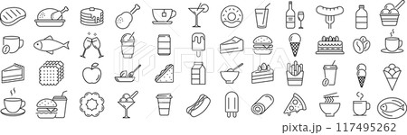 ベクターでモノクロの食べ物と飲み物に関する線画アイコンセット 117495262