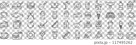 ベクターでモノクロの食べ物と飲み物に関する線画アイコンセット 117495262