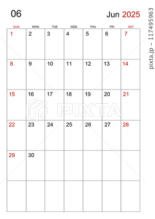 A June 2025 calendar vertical template on white background. A June 2025 calendar vertical template on white background. 117495963