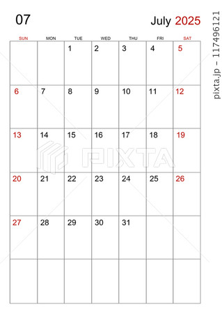 A July 2025 calendar vertical template on white background. 117496121