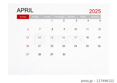April 2025 monthly calendar page isolated on white background. April 2025 monthly calendar page isolated on white background. 117496122