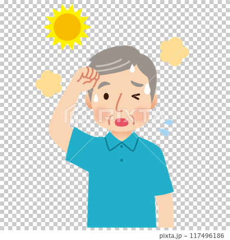 屋外で汗をかく高齢者　熱中症 117496186