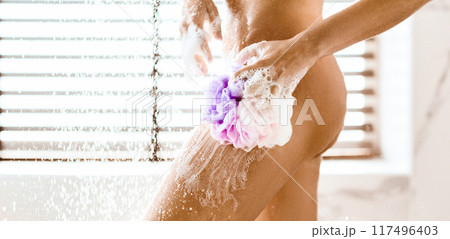 Take Shower. Woman Washing Her Legs With Sponge And Shower Gel, Crop 117496403