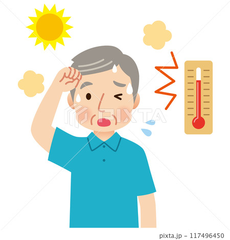 気温が高い屋外で汗をかく高齢者　熱中症 117496450