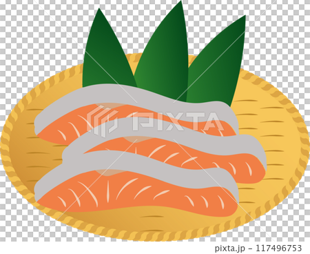 ザルにのった鮭のイラスト 117496753