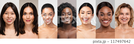 Collage of multiethnic women smiling in portrait mode, showcasing different skin tones and natural beauty, panorama 117497642