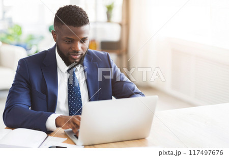 Young african businessman working in modern high tech office, typing on laptop, free space Young african businessman working in modern high tech office, typing on laptop, free space 117497676