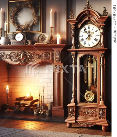 柱時計と暖炉 柱時計と暖炉 117497691