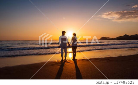 海辺で夕日を背景に手をつなぐカップル 117498525