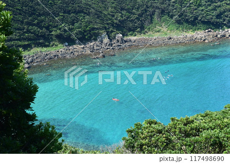 エメラルドグリーンの海に浮かぶカヤックと柏島の自然 117498690