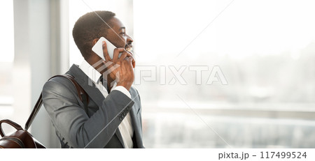 Travelling Businessman Making Phone Call, Arriving at Airport and Waiting for Departure 117499524
