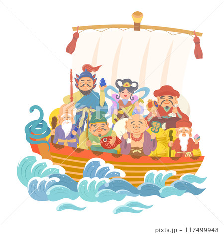 宝船に乗る七福神と干支の手書きイラスト 117499948