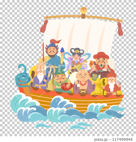 宝船に乗る七福神と干支の手書きイラスト 117499948