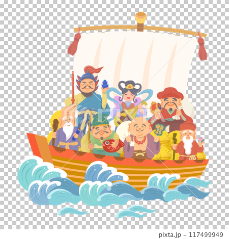 七福神乘寶船手繪插畫 七福神乘寶船手繪插畫 117499949