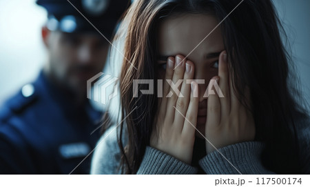 Young woman is covering her face with her hands while a police officer is standing in the background 117500174