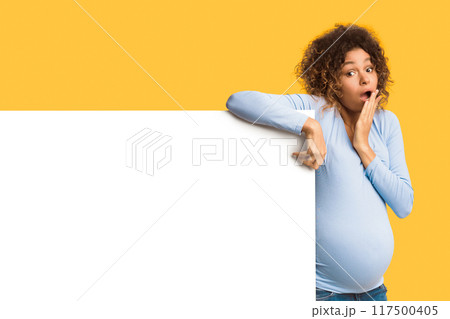 Amazing offer. Shocked expectant woman near blank white poster, mockup, free space Amazing offer. Shocked expectant woman near blank white poster, mockup, free space 117500405