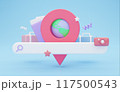 Searching for travel destination or tour, 3D illustration, collage. Search bar, location pin with globe inside, suitcase, camera, airplane, blue background 117500543