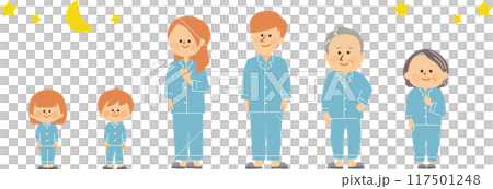 A cute illustration of a three-generation family wearing pajamas 117501248